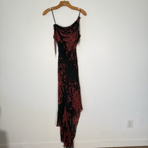 Vintage Dresses & Skirts - Cache Maxi Dress Dress Black Red Floral Asymmetrical Fairy Y2K Velvet Burnout 2